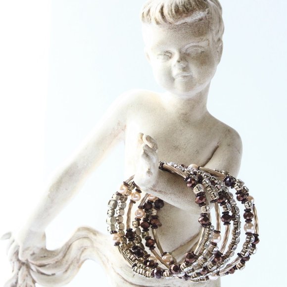 Slinky Bracelet Bangle Wrap Browns Gold Rose Clear Rhinestones Costume Jewelry - Picture 7 of 7